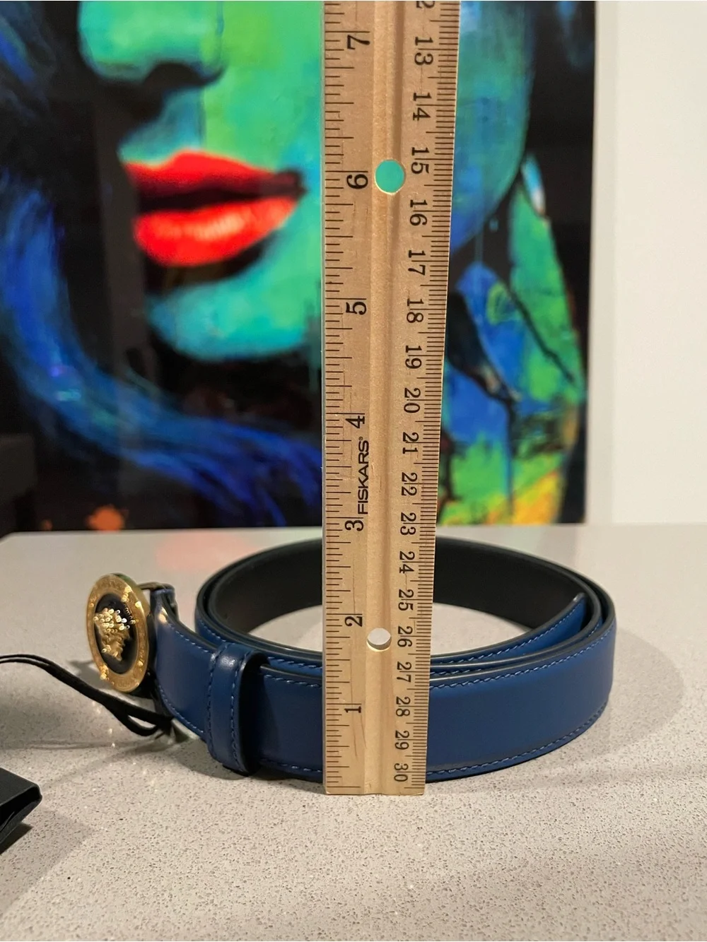 Versace Blue Leather Belt with Gold Medusa Buckle  SZ 110/44